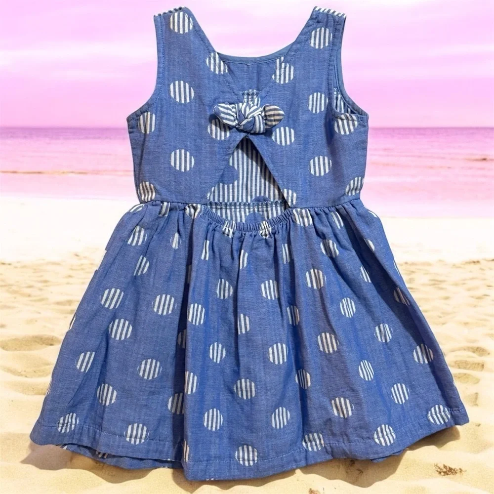 Genuine Kids Oshkosh Blue Polka Dot Sundress Denim 3T Blue and White stripes